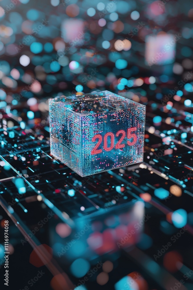 Poster futuristic label featuring neon-shift 2025 text on an angular design