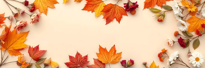 Obraz premium Autumn floral arrangement with vibrant leaves and flowers on beige background, creating warm fall theme. Perfect for seasonal decor and celebrations