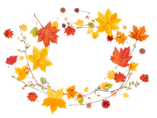 Fototapeta premium Autumn leaves and flowers create vibrant flat lay background, showcasing nature beauty with warm colors and delicate details. Perfect for seasonal themes