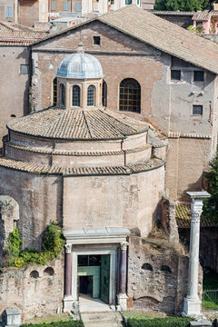 Temple of Romolus in the Roman Forum. The bronze door is original. In the 6th century pope Felix IV adapted it for the vestibule of the back Church of Santi Cosma e Damiano. Rome, 2017