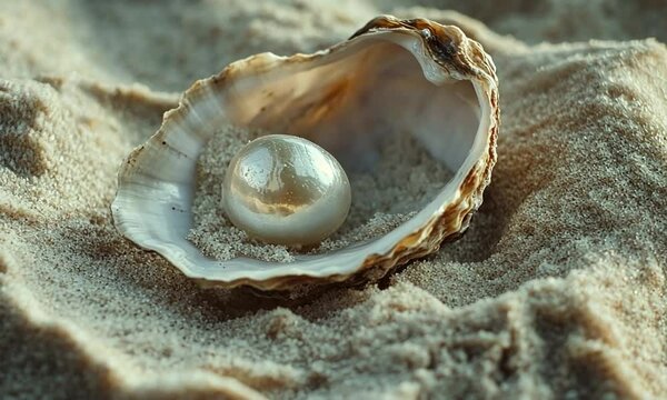 A pearl nestled inside an open oyster shell on sandy beach.