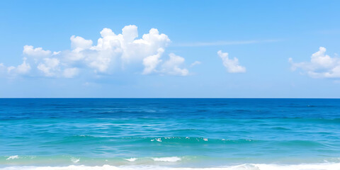 Obraz premium serene view of ocean under clear blue sky with fluffy clouds, creating peaceful atmosphere. gentle waves reflect sunlight beautifully, perfect for summer getaway
