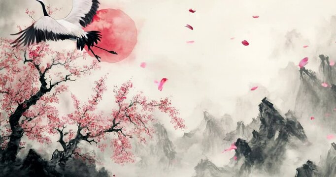 Japanese Flying Crane Watercolor Style in 4K