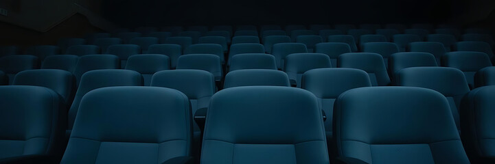 Close up shot of rows of empty cinema seats in spacious theater, evoking sense of anticipation and solitude