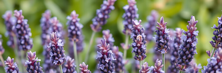 Close up shot of vibrant lavender flowers with ample space for text, showcasing their beauty and detail in botanical setting