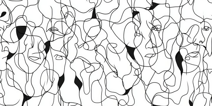 Abstract chaotic human faces line drawing expressive patterns black white art
