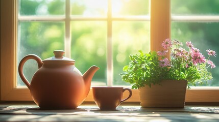 Sunlit Windowsill Teapot Cup And Flowers