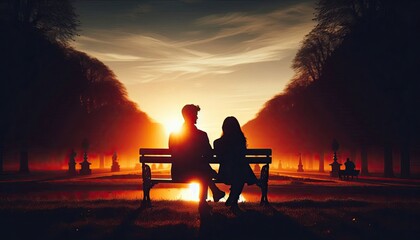 Obraz premium A couple sitting on a park bench watching the sunset, silhouette, action photography, aesthetics,