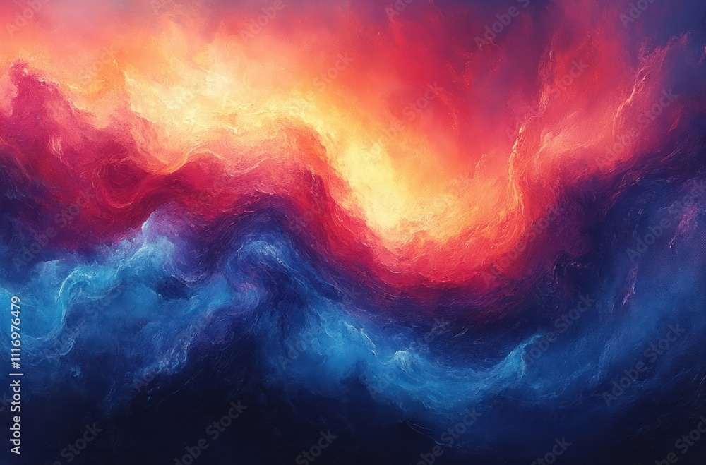 Poster abstract gradient background in deep blue and fiery red with soft brush strokes and dreamy glow