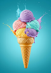 Colorful Melting Ice Cream Cone with Pastel Scoops on Light Background