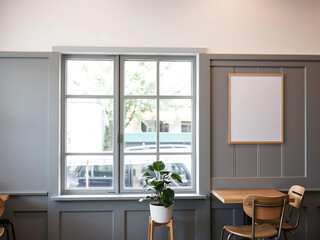 Fototapeta premium minimalist cafe interior featuring grey chairs, wooden table, and green plant in pot by large window, creating calm and inviting atmosphere