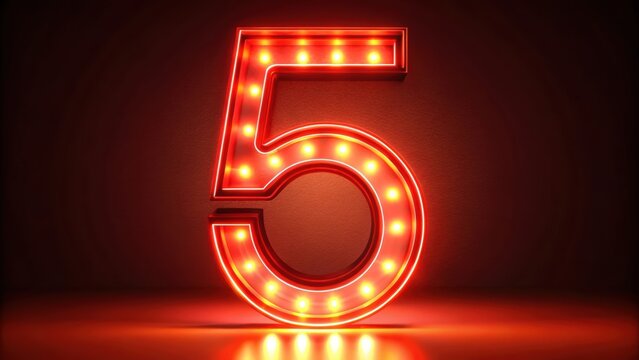 Red light shining on a bold, glowing number 5 , red light, glowing, bold, number 5, digital, illuminated, bright - Powered by Adobe