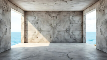 Modern concrete room with ocean view, spacious layout, and industrial floor. Ideal for promotional text or marketing content template