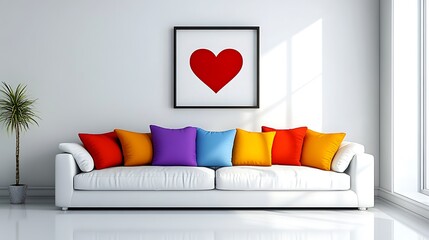 Minimalist living room with small love heart frame, colorful cushions, clean white walls