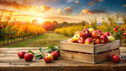Crate of red apples on wooden harvest table with field trees and sky background autumn and harvest , red apples, crate