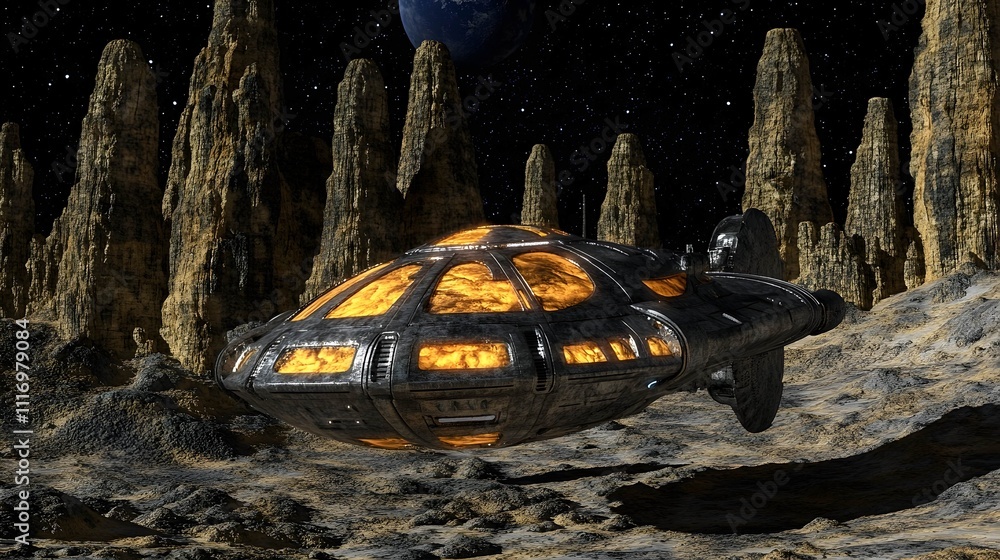 Wall mural futuristic spaceship landing on an alien planet with tall rock formations and a distant planet in th