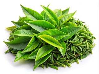 Fresh Tea Leaves Isolated on White Background - Perfect for Culinary and Herbal Illustrations, Health Products, or Natural Tea Promotions, Highlighting the Beauty of Nature's Greenery