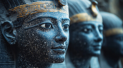 Close-Up of Ancient Egyptian Statues with Weathered Details
