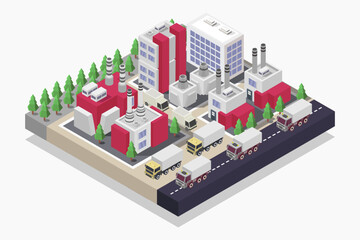 Concept of industrial plant with chimney tower or pipes isometric