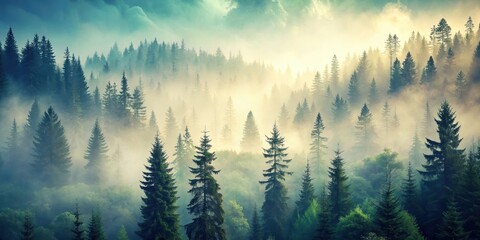 Misty landscape with fir forest in hipster vintage retro style, misty, landscape, fir, forest, hipster, vintage, retro, style
