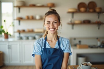 Mujer joven sonriente con delantal azul en una cocina luminosa y moderna, transmitiendo alegría y hospitalidad, rodeada de utensilios y decoración cálida.
