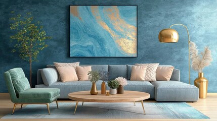 [Modern Living Room Interior Design Ideas] Modern Living Room Oasis: Bold Blue Wall with Yellow Ceiling, Wood Floor, Abstract Art & Cozy Decor