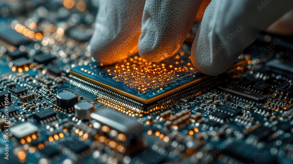 Poster close-up view of a hand in a glove handling a microchip on a circuit board with glowing particles re