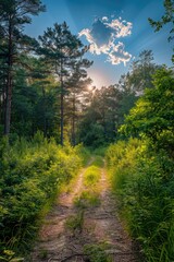 Obraz premium Green Wilderness Nature Depicting a Lush Forest Scene With sunshine and river ai generated