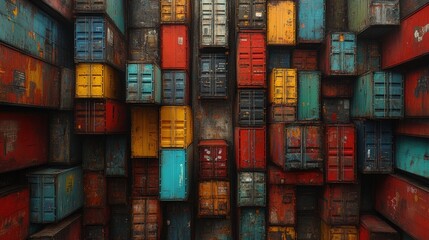 Colorful Stacked Shipping Containers in Urban Environment Showcasing Industrial Design and Material Composition in a Vibrant Overhead View