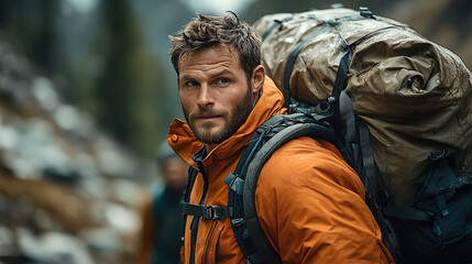 Obraz premium A rugged man with short brown hair and a beard, wearing an orange jacket over black hiking pants, carries large backpacks through the wilderness