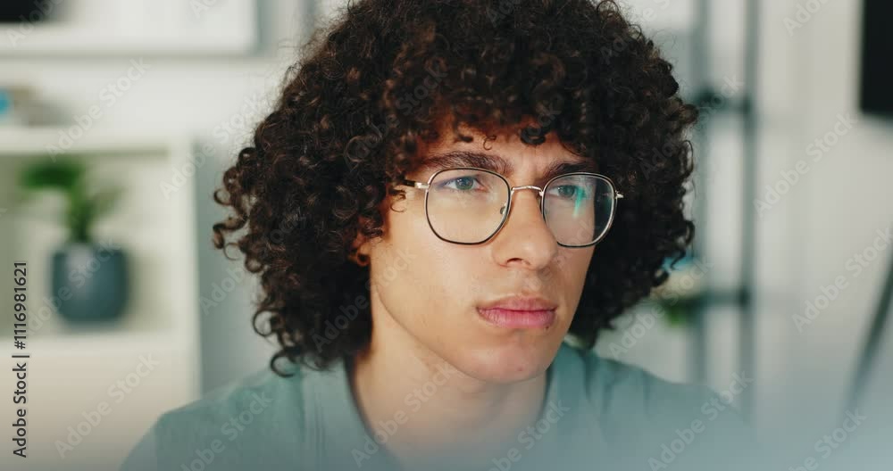 Poster Thinking, serious and programming in office, man and IT specialist with glasses, planning or online. Contemplating, programmer and ideas for cybersecurity, professional or troubleshooting of software