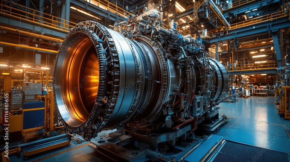 Poster high-resolution image of advanced jet engine in industrial setting with detailed components and mach