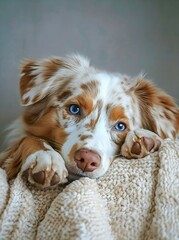 Cozy Comfort: Fluffy Dog Resting on a Knitted Blanket