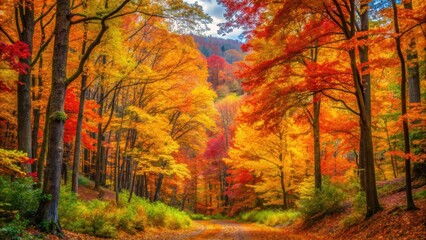 Obraz premium Vibrant autumn colors in a lush forest setting, fall, leaves, foliage, seasonal, vibrant, foliage, orange, red, yellow