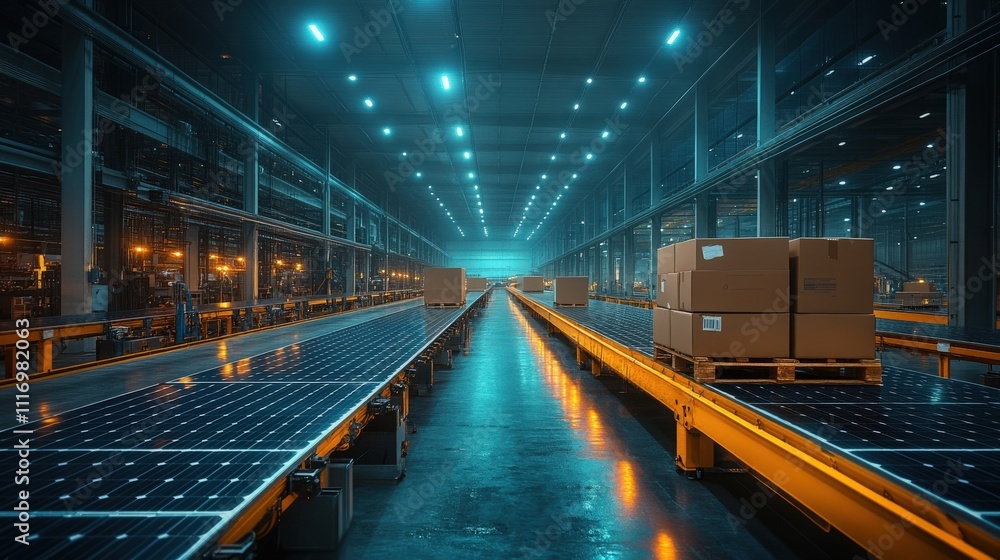 Poster modern warehouse interior with automated conveyor system and illuminated pallets for efficient logis