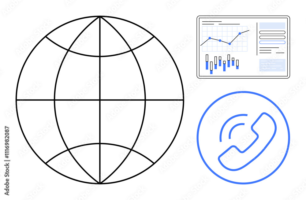 Poster large globe with lines indicating global connectivity, business chart with various graphs and data, 