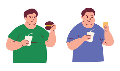 Obese Man Eat Junk Food and Fast Food Like Burger and Soda