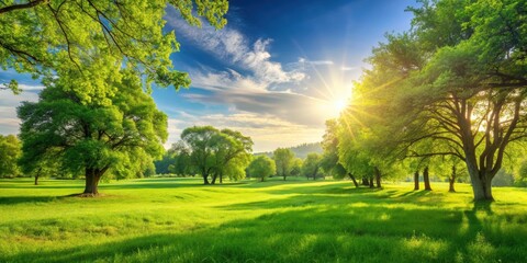 Naklejka premium Beautiful landscape in summer with lush green trees and meadows under bright sunshine, nature, summer, landscape, trees