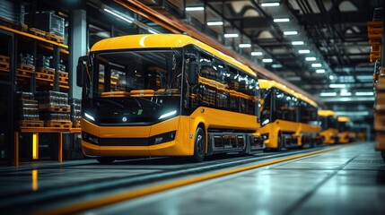 Modern Yellow Electric Buses in Industrial Warehouse Setting Showcasing Advanced Transportation Solutions and Sustainable Urban Mobility Concepts