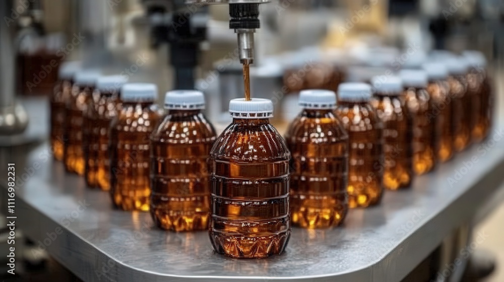 Poster production line of amber bottles being filled with beverage in a modern factory setting, capturing t
