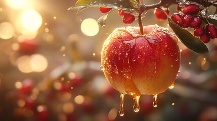 Pouring honey on apple and pomegranate with honey
