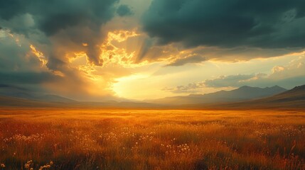 Golden sunset over a wheat field with glowing light