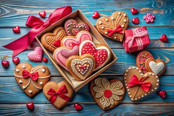 Heart-Shaped Gingerbread Cookies Gift Box for Valentine's Day with Copy Space for Personal Greetings - Top View Flat Lay