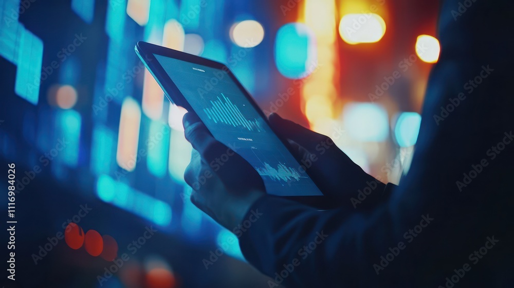 Poster person using a tablet displaying data in a city setting