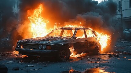 Burning Car in Urban Apocalypse Fire Explosion Smoke Destruction Damage Emergency Scene City Conflict