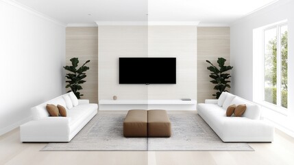 Fototapeta premium [Room Layout Design Perspective Photography] Modern Minimalist Living Room with Dark Framed Mirror and Fireplace
