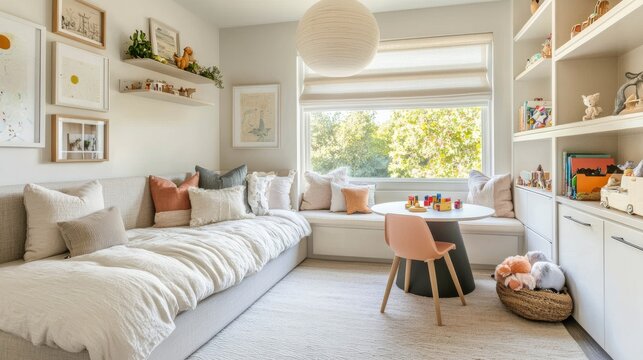 5.A charming children's bedroom with a cozy bed tucked against the wall, a small round table with two chairs for playtime, and neatly arranged shelves holding an assortment of toys and books. The