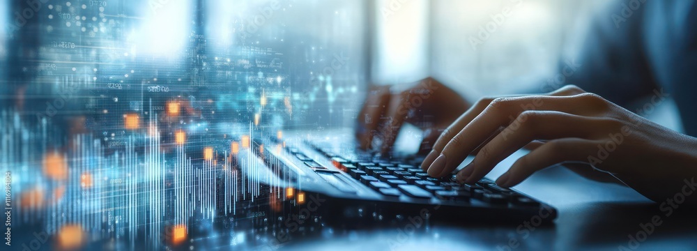 Poster business finance analysis calculating growth reports with digital graphs in modern workspace