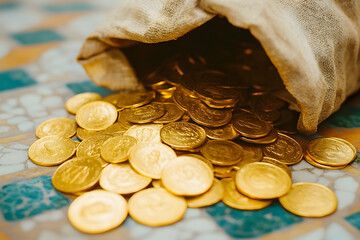 Gold coins spilling from burlap sack.