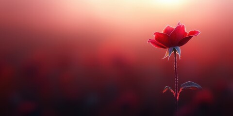 Obraz premium Delicate Red Rose Blossom Bathed in Soft Light, Highlighting Fresh Petals and Elegant Stem Against a Dreamy Background